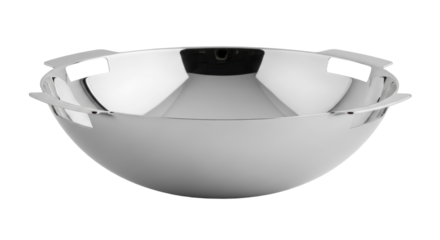 Stainless steel wok isolated PNG on transparent background, modern kitchenware for cooking and serving Asian cuisine