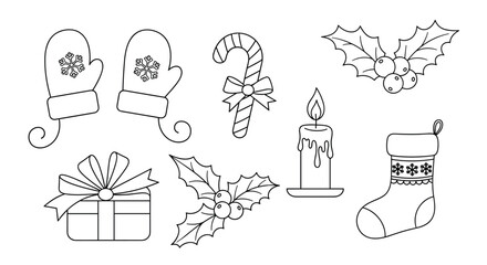 A festive coloring page featuring holiday themes like Christmas mittens, a candy cane, holly, a candle, a wrapped gift, and a Christmas stocking.