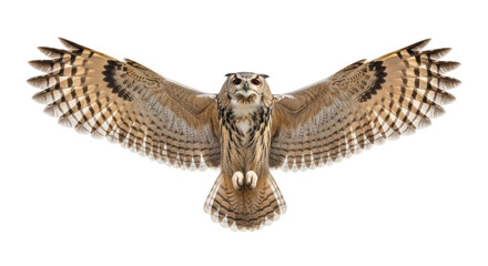 Majestic Eurasian eagle-owl with open wings isolated PNG, a large nocturnal bird of prey on...