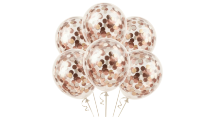Bunch of transparent balloons with rose gold confetti isolated PNG, festive party decoration for birthday celebration and special events
