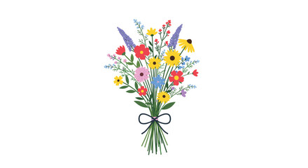 A vibrant and colorful bouquet of wildflowers tied with a black ribbon against a white background, perfect for various design uses.