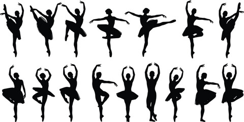 Black Silhouette Vector Set of Ballet Dancers in Various Graceful Poses, Including Arabesque, Plié, and Pirouette, Symbolizing Elegance, Art, Dance, and Performance