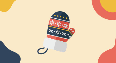 Festive Christmas mitten featuring a charming snowflake pattern and fluffy cuff, set against an abstract beige background.