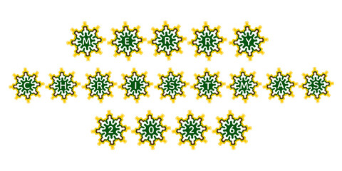 A decorative “Merry Christmas 2026” banner featuring green, white, and gold snowflake motifs arranged across a black background. The bold contrast and glowing festive style 