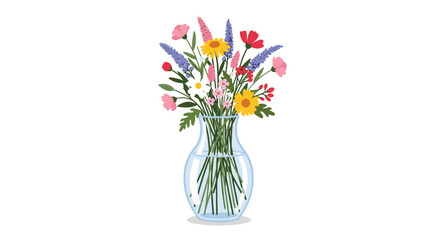 A vibrant and diverse bouquet of colorful wildflowers and green foliage beautifully arranged in a clear glass vase, conveying natural beauty.