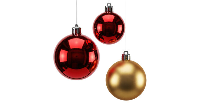Three Christmas baubles PNG isolated, red and gold ornaments hanging on transparent background, festive decorations for holiday season