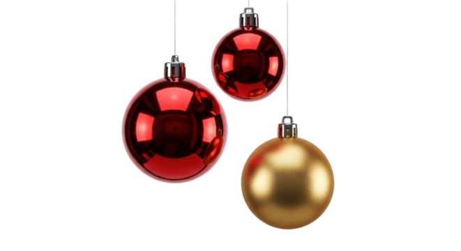 Three Christmas baubles PNG isolated, red and gold ornaments hanging on transparent background, festive decorations for holiday season - Powered by Adobe