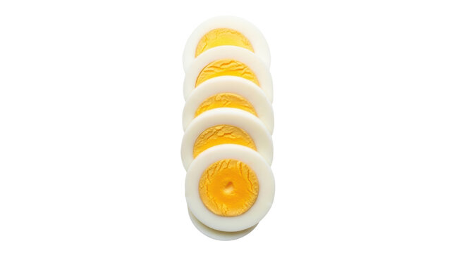Sliced hard boiled eggs isolated PNG, healthy protein food ingredient for salad and breakfast recipes on transparent background