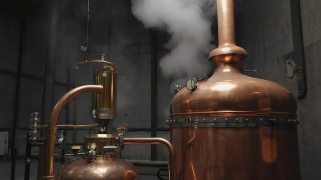 A tall copper gin still gently heats up, releasing steam in a quiet distillery. Brass valves and gauges add details to this serene and functional space