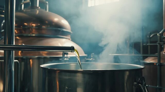 In a tranquil stillhouse, clear gin distillate steadily flows from a thin spout into a collection tank while subtle vapor and copper reflections fill the air