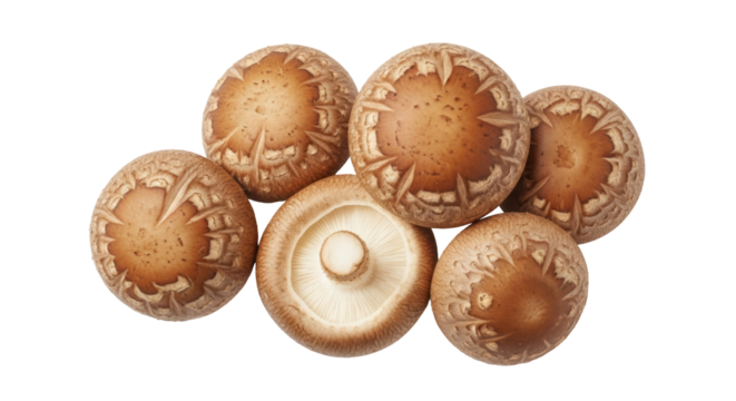 Group of fresh shiitake mushrooms isolated PNG, edible fungus with brown caps for cooking and healthy eating on transparent background