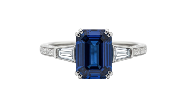 Elegant blue sapphire ring isolated PNG, vintage style jewelry with emerald cut gemstone and baguette diamonds on transparent background