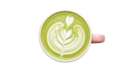 Matcha latte art in pink cup isolated PNG, green tea latte with heart design on transparent background, healthy drink for cafe menu
