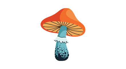 A whimsical, stylized illustration of a fantastical mushroom featuring a vibrant orange cap, a spotted blue stem, and a delicate ruffled white ring.