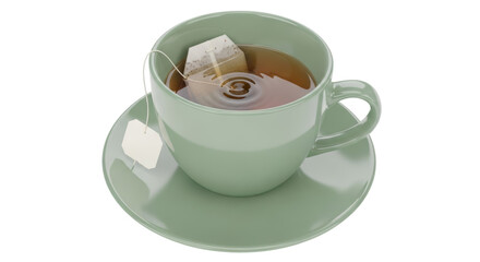 Green teacup with tea bag isolated PNG, refreshing hot beverage on transparent background for relaxation and wellness concepts