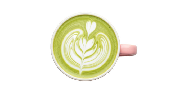 Matcha latte art in pink cup isolated PNG, green tea latte with heart design on transparent background, healthy drink for cafe menu