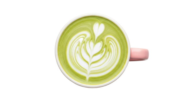 Matcha latte art in pink cup isolated PNG, green tea latte with heart design on transparent background, healthy drink for cafe menu - Powered by Adobe