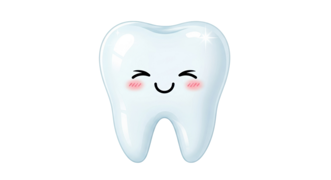 Cute cartoon tooth PNG isolated on transparent background, happy molar with kawaii face for dental care and children s oral hygiene