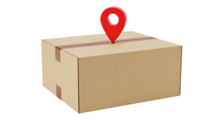 Cardboard box with red map pointer isolated PNG, package delivery location marker for shipping and logistics on transparent background