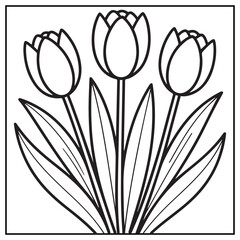 Spring Tulips Coloring Page – Tulip Bouquet Line Art for Kids and Adult Coloring Book, Hand Drawn Floral Vector Design