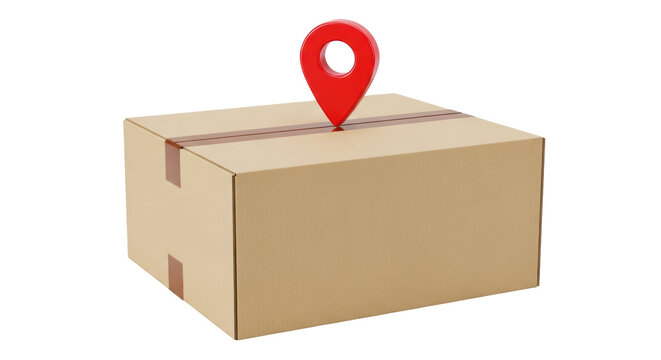 Cardboard box with red map pointer isolated PNG, package delivery location marker for shipping and logistics on transparent background