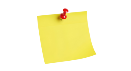 Yellow sticky note with red push pin PNG isolated on transparent background, reminder message for office and personal use