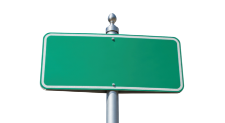 Blank green road sign isolated PNG, empty street signage on pole for traffic direction and informational purposes on transparent background