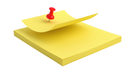 Yellow sticky notes with red push pin isolated PNG, stack of blank notepaper for reminders and organization on transparent background