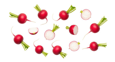 Fresh red radishes isolated PNG, whole and halved root vegetables on transparent background for healthy eating and culinary design