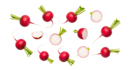 Fresh red radishes isolated PNG, whole and halved root vegetables on transparent background for healthy eating and culinary design