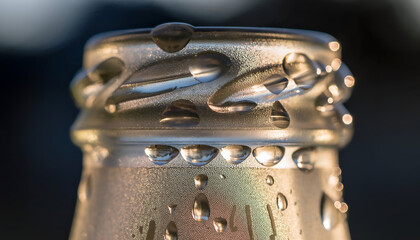 Close Up Macro Shot of a Cold Refreshing Beer Bottle Cap Covered in Water Droplets Condensation on a Sunny Day with Subtle Rainbow Hues and a Blurred Dark Background