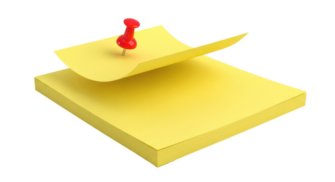 Yellow sticky notes with red push pin isolated PNG, stack of blank notepaper for reminders and organization on transparent background