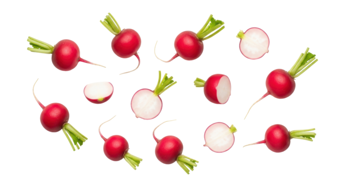 Fresh red radishes isolated PNG, whole and halved root vegetables on transparent background for healthy eating and culinary design