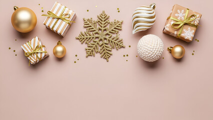 Gold Christmas Decorations And Gifts On Pink Background
