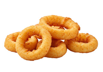 Several crispy, golden-brown fried onion rings, battered and aesthetically stacked, in razor-sharp macro focus on a transparent studio background with copy space, delicious fast-food snack concept