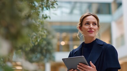 Portrait of a young businesswoman using a tablet computer in the city. Portrait of smiling mature businesswoman holding digital tablet in modern office lobby.