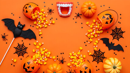 Halloween Flat Lay with Candy Corn and Pumpkins spooky