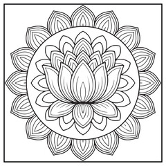 Sacred Lotus Mandala Coloring Page – Intricate Floral Circle Line Art for Kids and Adult Coloring Book, Hand Drawn Lotus Illustration