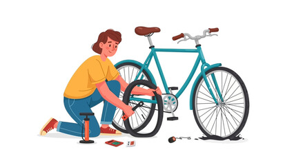 Fototapeta premium Fixing a Flat A Woman Repairing a Bicycle Tire with Tools