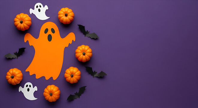 Halloween Flat Lay with Pumpkins, Ghosts, and Bats on Purple Background