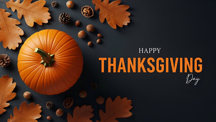 Happy Thanksgiving Message with Pumpkin and Autumn Leaves