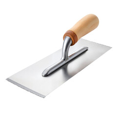 Stainless steel trowel with wooden handle on a transparent background