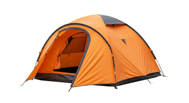 Orange camping tent with open door for outdoor adventures backpacking hiking and family trips in the wilderness and national parks on transparent background