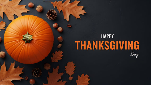 Happy Thanksgiving with Pumpkin and Autumn Leaves orange