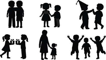 Black silhouettes of happy children playing, celebrating a birthday, holding hands, giving gifts, and having fun, symbolizing friendship, family, and childhood joy on white background.