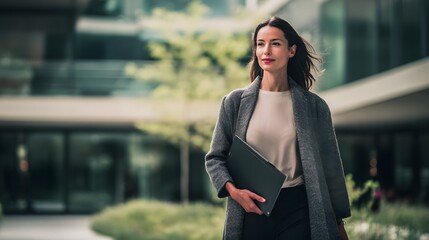 Portrait of a young businesswoman using a tablet computer in the city. Portrait of smiling mature businesswoman holding digital tablet in modern office lobby.