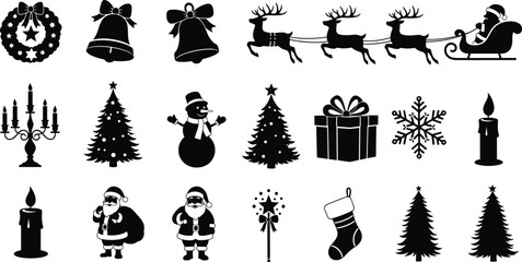 Christmas and Holiday Season Silhouette Vector Icon Set Featuring Santa Claus Reindeer Sleigh Snowman Tree Wreath Gift Bell Candle and Stocking Black