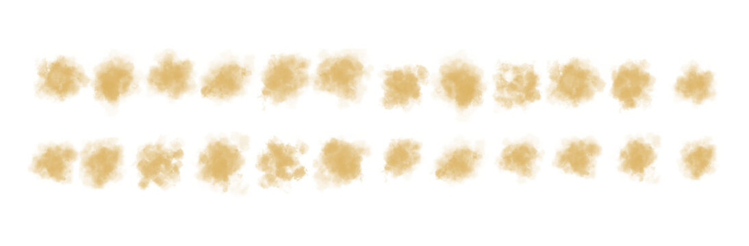 Collection of golden dust particles floating isolated on transparent background