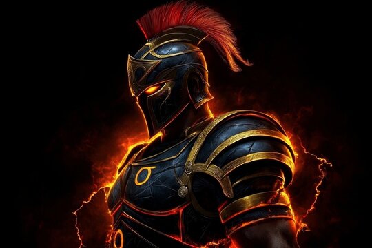 A legendary Spartan warrior dons divine armor in an epic fantasy scene.