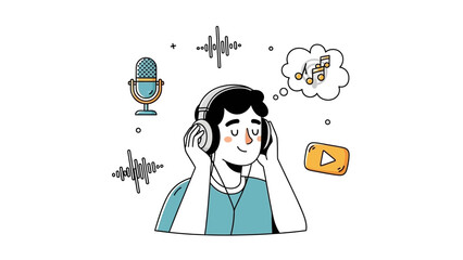 Illustration of a Person Enjoying Music with Headphones and Media Symbols